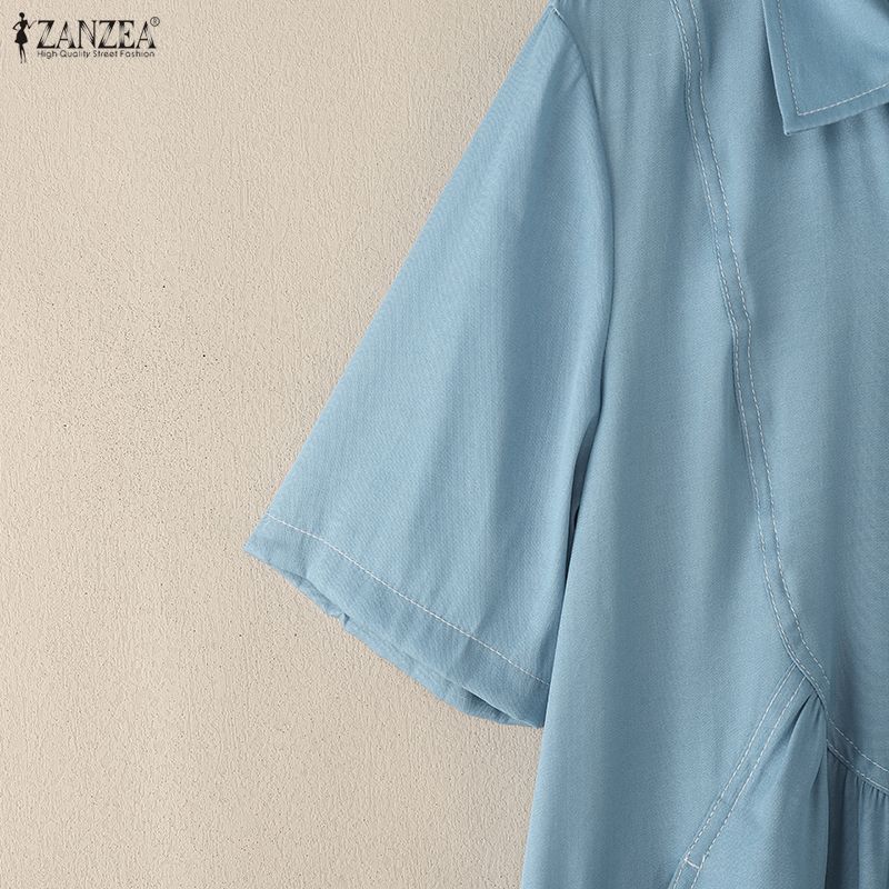 ZANZEA Women Casual Turn Down Collar Summer Short Sleeve Dress