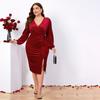 Vestido Midi Bodycon Sexy de Terciopelo para Mujer Talla Grande, Cuello en V, Manga Larga, Abertura