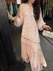 Spring National Style Lantern Sleeve Custom Dyed Dress with Embroidered Lace Patchwork