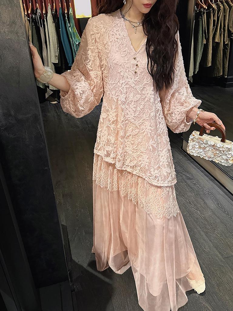 Spring National Style Lantern Sleeve Custom Dyed Dress with Embroidered Lace Patchwork
