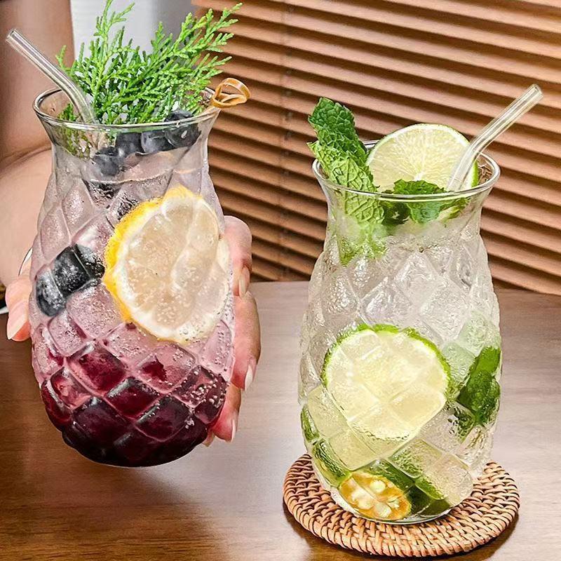 Minimalist Transparent Pineapple Glass Cup with Straw for Cold Drinks