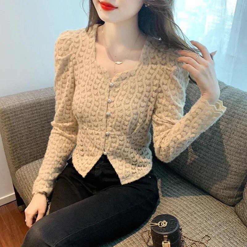 Fashion Long Sleeve Lace Blouse Women Autumn Striped Bottoming Tops Woman Button Up Lace Shirt Women Elegant Clothes 30025