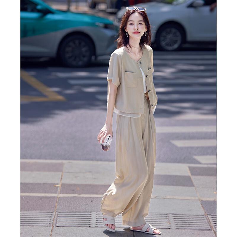 Shangjing Literary Style Pocket Blouse & Wide-Leg Pants Set