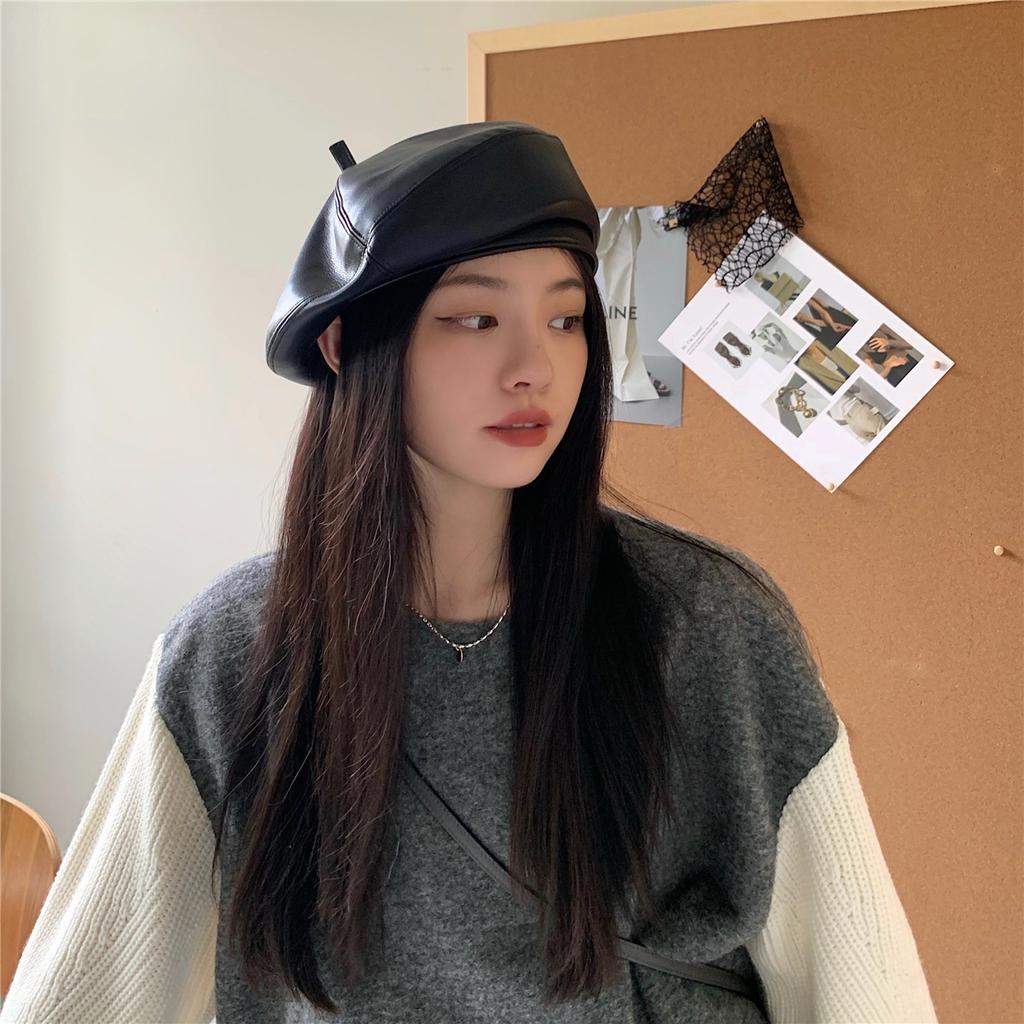 British Leather Beret Hat for Women Versatile Autumn and Winter Large Head Circumference Small Face Small Painter Hat  Literary Retro Trend