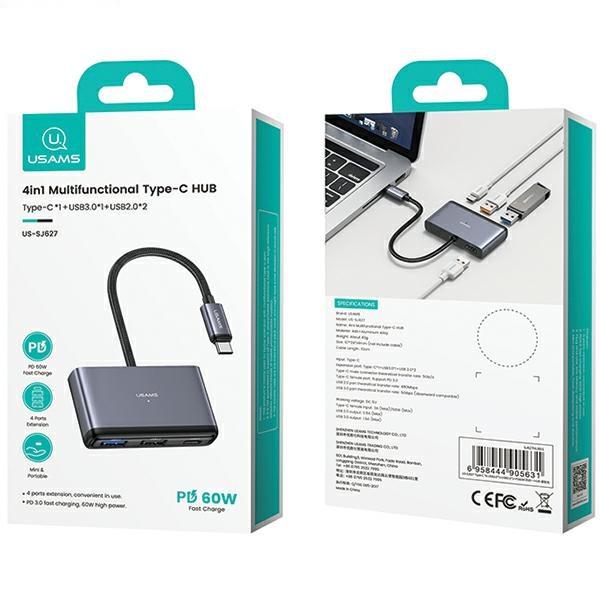 Usams Adapter Hub 4W1 2Xusb 2.0/Usb 3.0/Usb-C Szary/Dark Grey Sj627Hub01 (Us-Sj627)