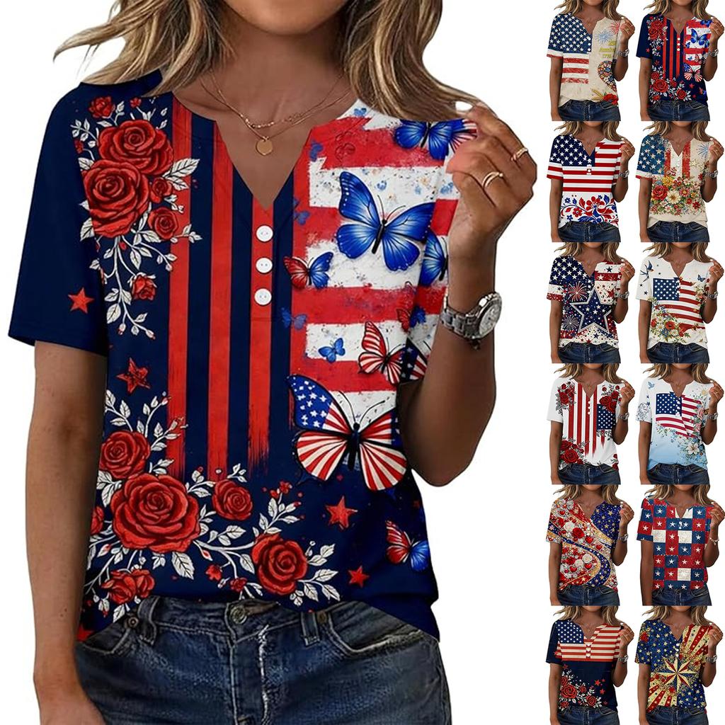 Women’s Short Sleeve Henley Neck T Shirt with Flag and Floral Print Button Casual Loose Fit Top