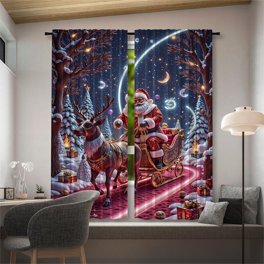 Set Of 2 Christmas Santa Claus Tree Pattern Printed Curtains Decorations Home Room Curtain Polyester Premium