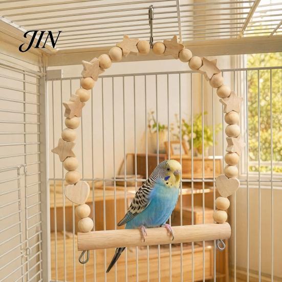 Bird Swing with Beads Parrot Perch, Solid Wood Perch Pole, Wooden Blocks And Cage Accessories Arch, Unpainted Toy for Small Medium Parrots Climbing