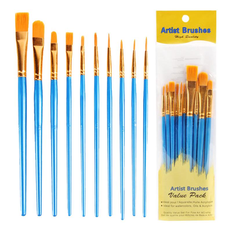 10-Piece Pearlescent Blue Oil & Watercolor Brush Set with Plastic Handles
