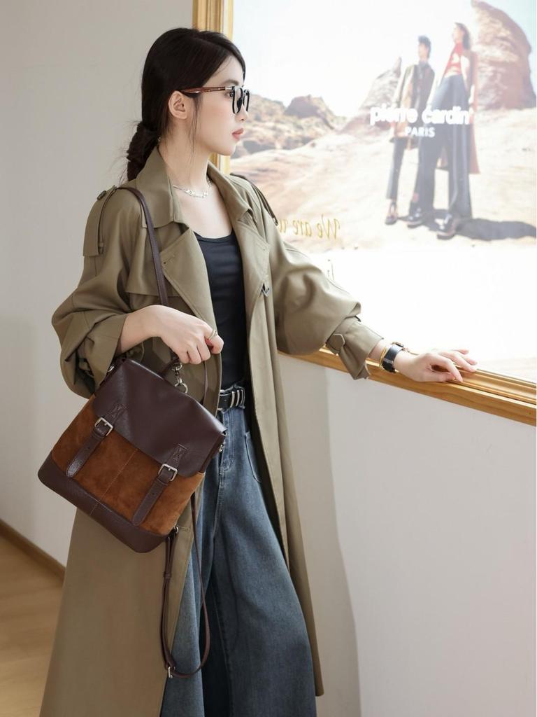 2025 Damen Wildleder Colorblock Großes Fassungsvermögen Retro Rucksack