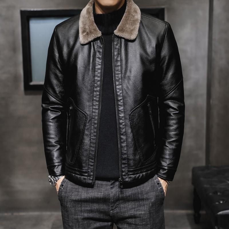 

Winter Leather Jacket Men s New Style Mid-lapel Plus Velvet and Thickened Fur All-in-one Large Size Men s Leather Jacket Trendy Men M