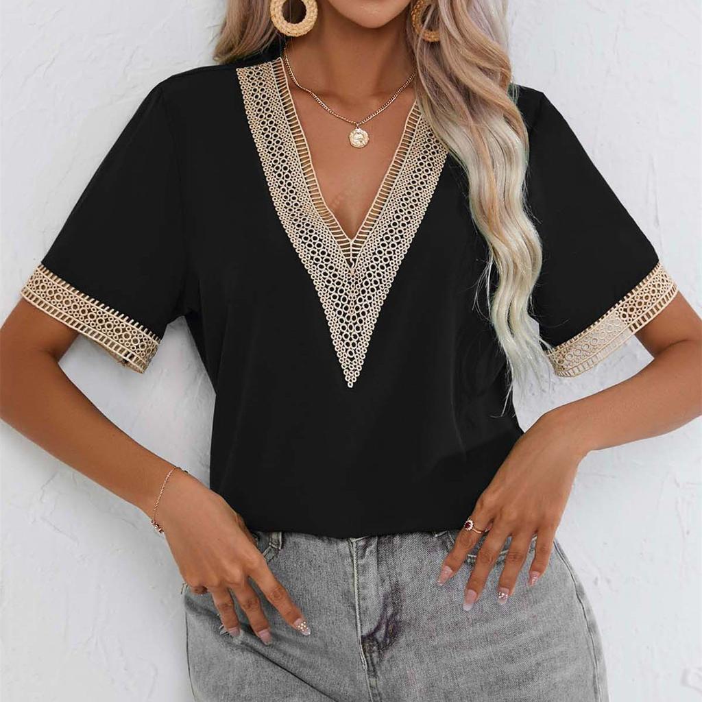 QICED Damenmode, lässig, Sommer, einfarbig, kurzärmelig, V-Ausschnitt, Blusen und Hemden