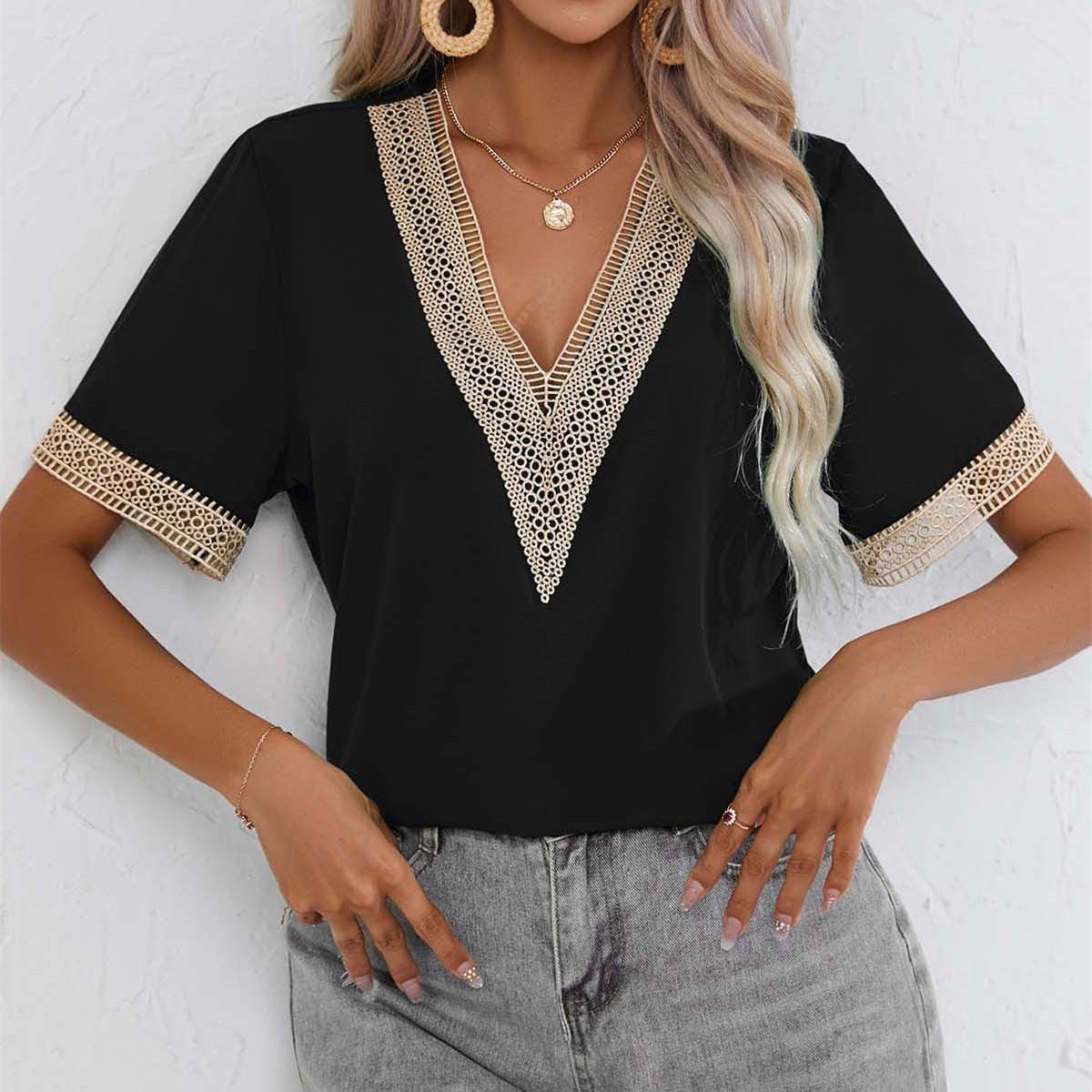 

QICED женские модные повседневные летние однотонные блузки и рубашки с короткими рукавами и v-образным вырезом с принтом XXL чёрный