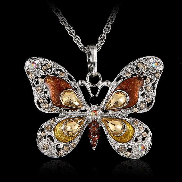 Vintage Enamel Butterfly Pendant Necklace Crystal Rhinestone Colorful Jewelry for Women
