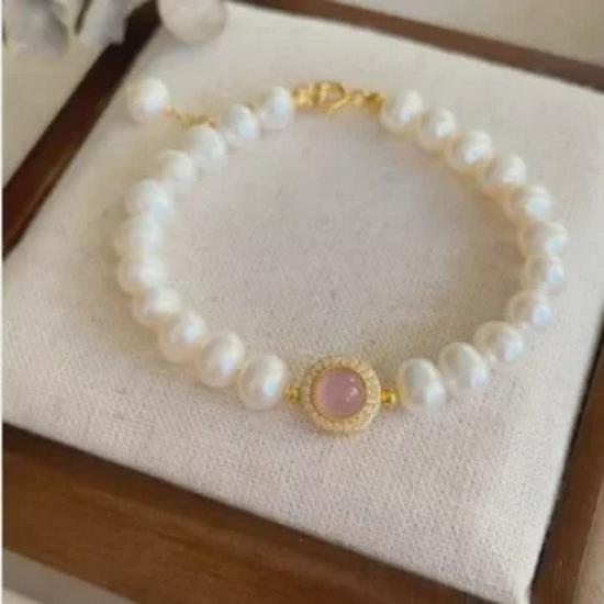 S925 Silver Pink Chalcedony and Pearl Jewelry Set: Bracelet, Necklace, Ring, Earrings - Perfect Gift for Girlfriends & Besties