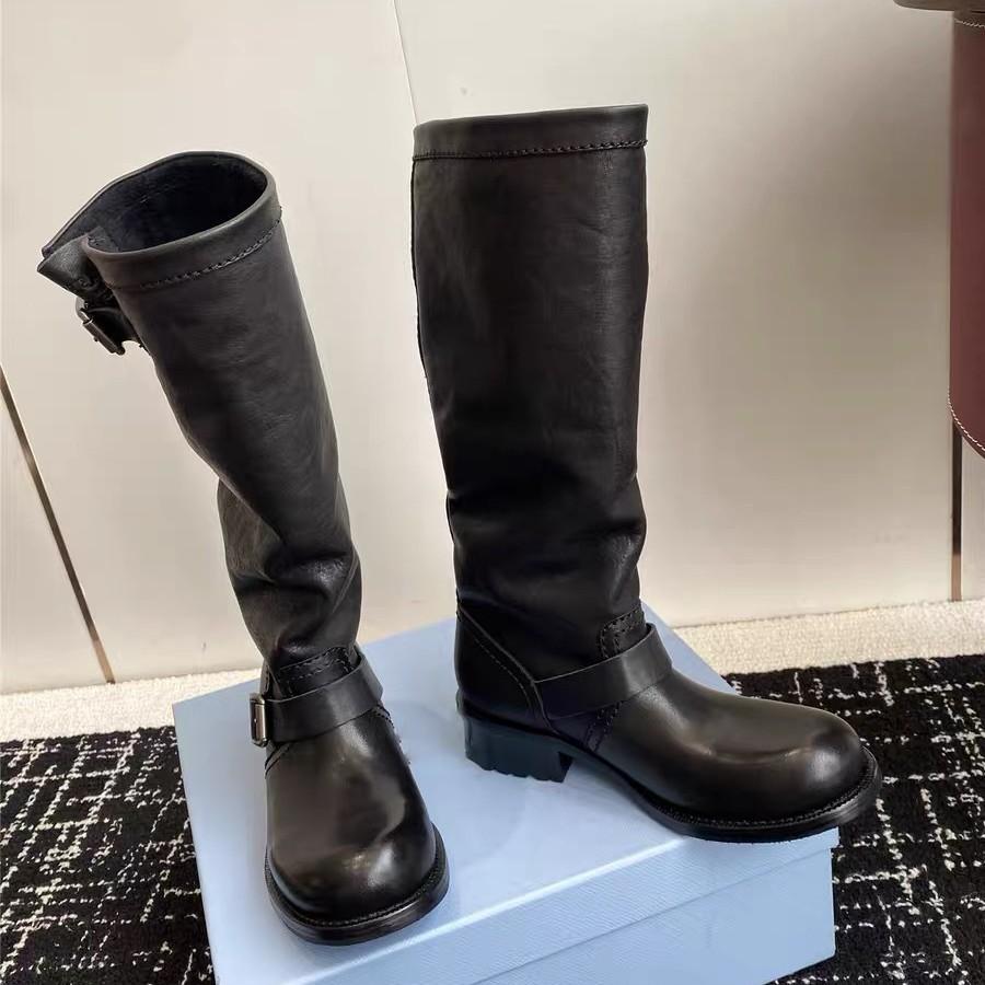 New leather French versatile retro round head flat-bottomed knight boots women's versatile comfortable casual boots