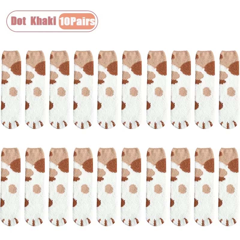 1-10Pairs Autumn Winter Cute Cat Paw Coral Fleece Mid-Calf Socks for Women Thickened and Warm Sleep Socks for Cold Weather