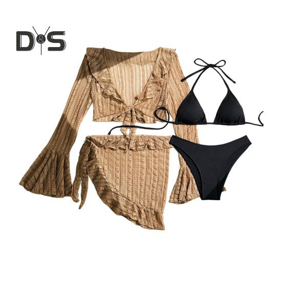 4-teiliges Set für Damen, sexy Badeanzug, Neckholder-BH und Slip mit Schnürung, Rüschenbesatz, Strandstil, langärmeliges Cover-Up-Top und Rock-Set