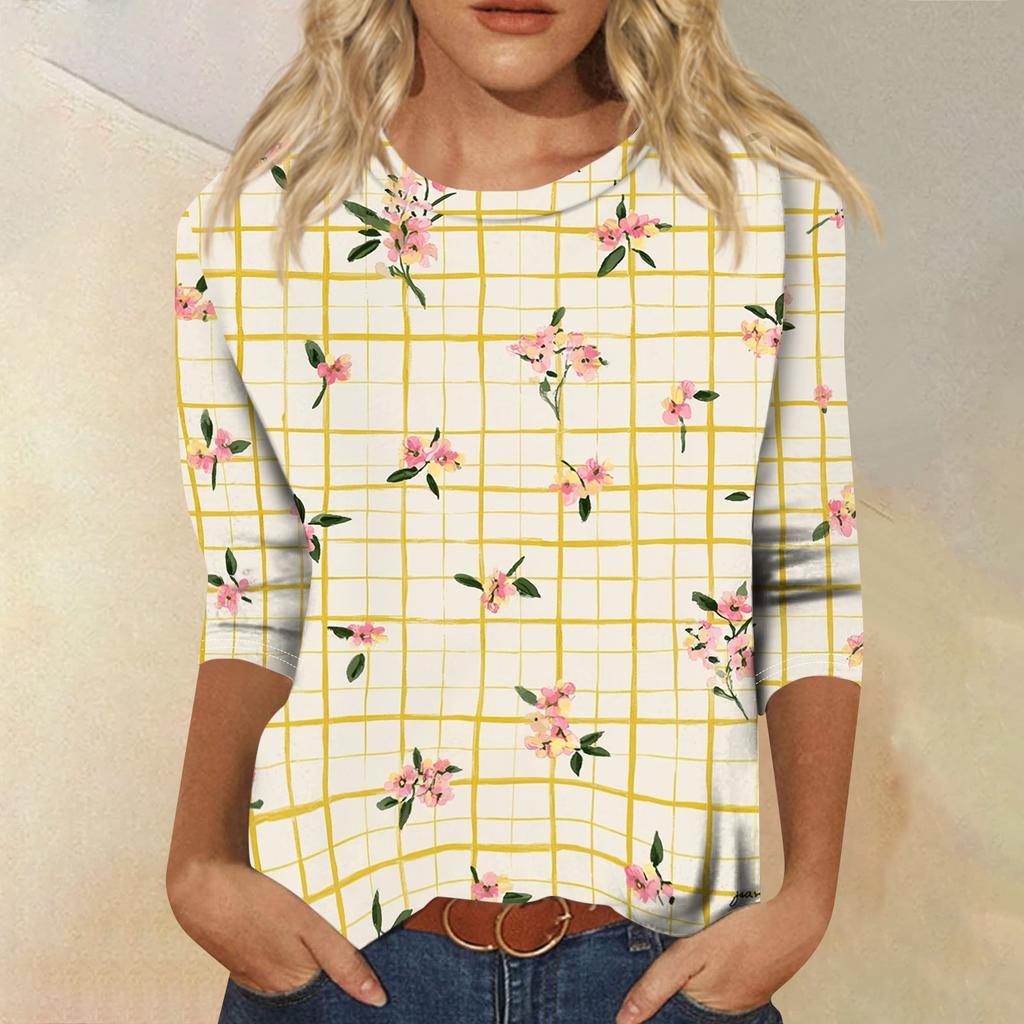 Women's Casual Round Neck Three Quarter Sleeve T Shirt Autumn Print Lightweight Soft Fabric Comfortable Fit Relaxed Style