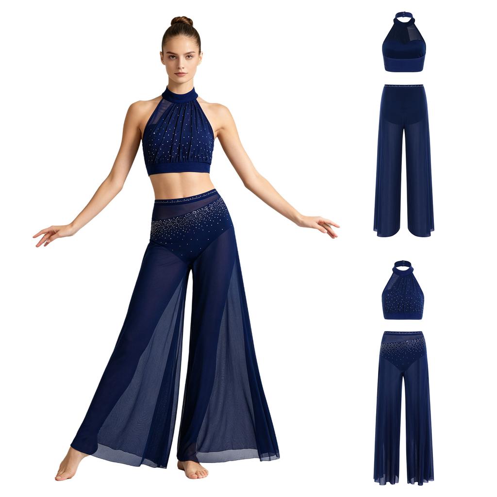 Women Halter Crop Top and Wide Leg Pants Set Rhinestone Mesh Patchwork Sleeveless with Built-in Bottoms Elastic Waist for Dance Club Performance