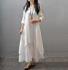 2026 Spring Long Sleeve Cotton Linen Swing Dress - Fake Two-Piece Design