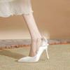 French White High Heels Women's 2025 Autumn Stiletto Wedding Shoes with Skirt Satin Wedding Shoes Bow Pointed Single Shoes