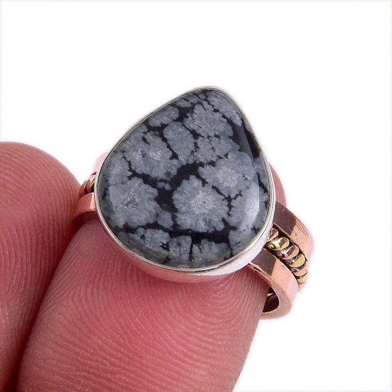 

Natural Snowflake Obsidian Gemstone Two Tone 925 Sterling Silver Ring S.6.5 s0B03