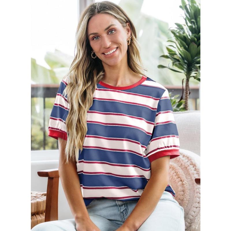 Womens Striped Contrast Color Loose Round Neck Short Sleeve Casual T Shirt