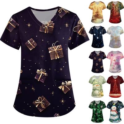 Roupas de trabalho femininas fofas estampadas com decote em V, bolsos de camada dupla, blusa básica de manga curta, pulôver de natal