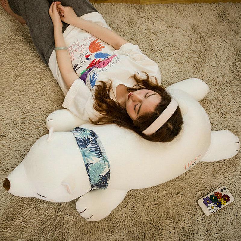 60/80/100CM Soft Lying Polar Bear Plushie Pillow Lovely White Cushion Stuffed Dolls Sleeping Toy for Girls Gifts