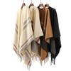 Women's Lambswool Mid-Length Color Block Shawl Cloak with Tassels