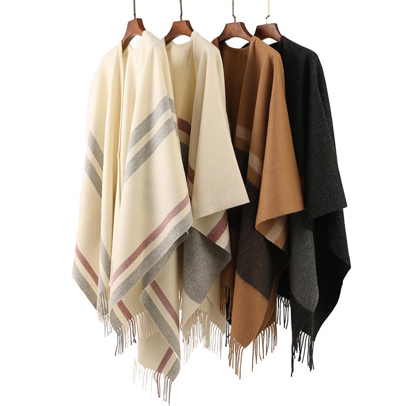 Women's Lambswool Mid-Length Color Block Shawl Cloak with Tassels
