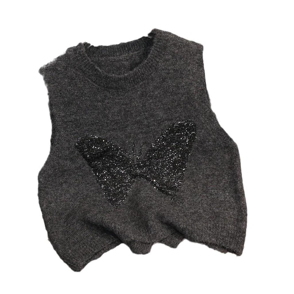 High-End Knit Sleeveless Sweater Vest with Butterfly Sequins and Back Slit