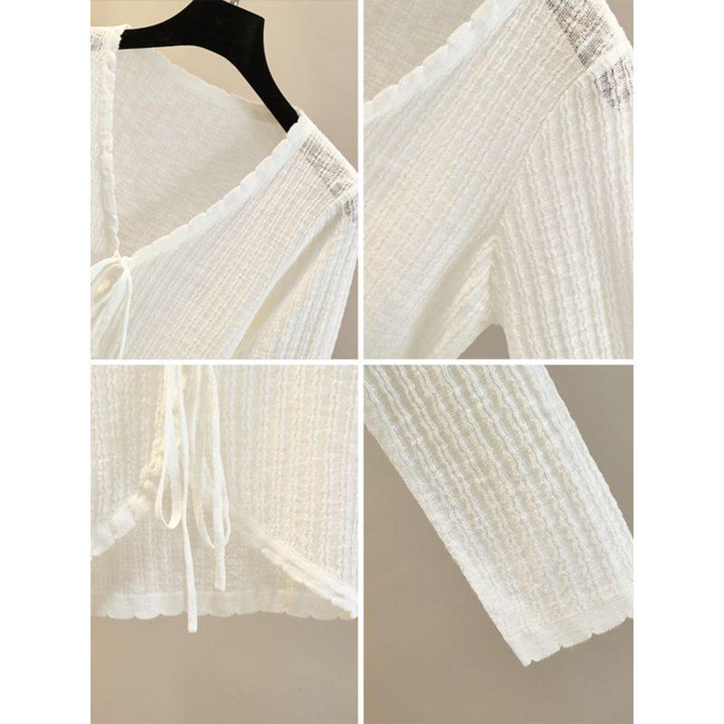 Bows Sun Protection Knit Cardigan Women's Summer Thin Small Waistcoat Short Outer Matching Halter Skirt Shawl Blouse