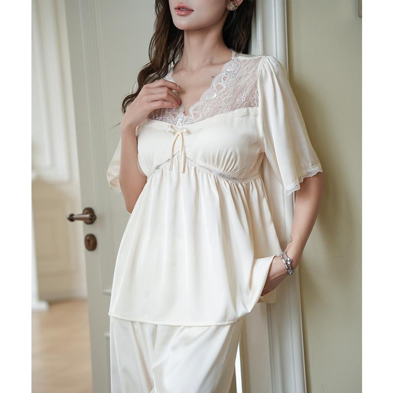 New pajamas, tops, trousers set, exquisite lace ice silk two-piece set, women's summer cool and comfortable loungewear