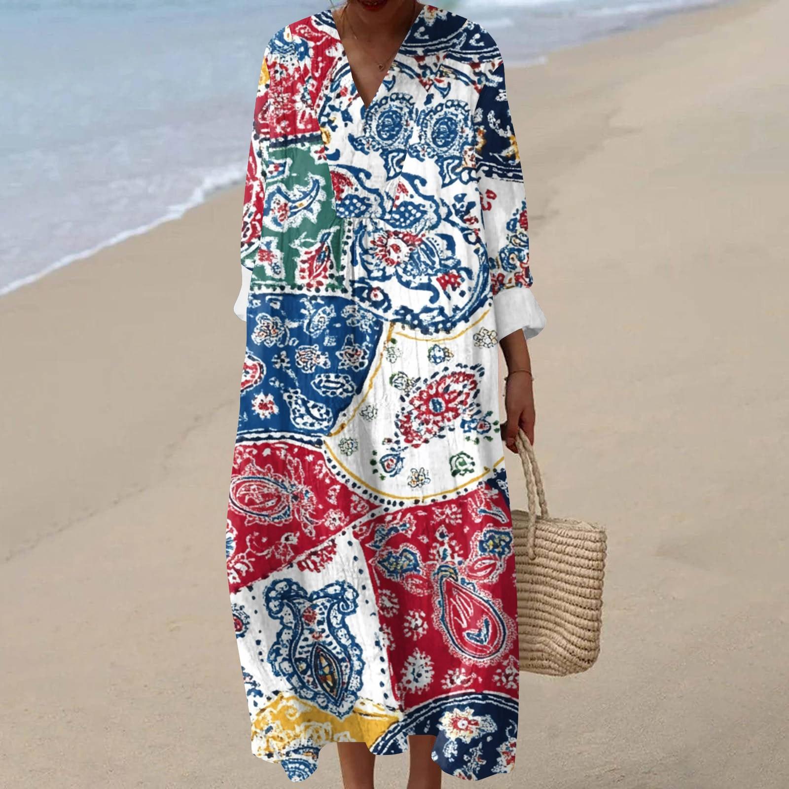 

Женское повседневное модное платье макси с V-образным вырезом и длинными рукавами с цветочным принтом XL белый