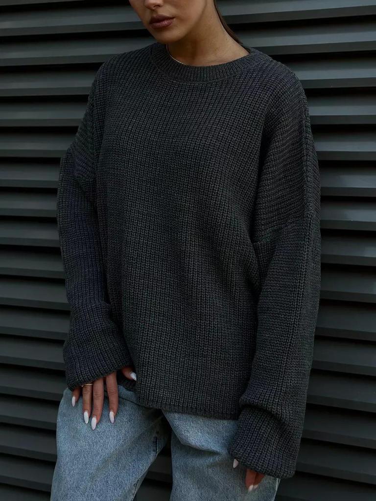 Plain Round Neck Sweater - 2024 European & American Spring/Autumn Loose Knit Pullover for Women