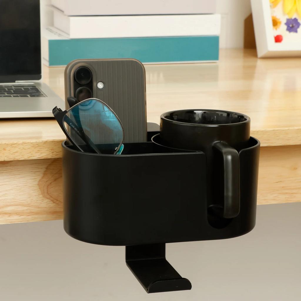 4 in 1 Desk Cup Holder Clamp on Under Desk Headphone Hanger Versatile Easy to Install Cup Holder for Coffee Mugs Water Bottles