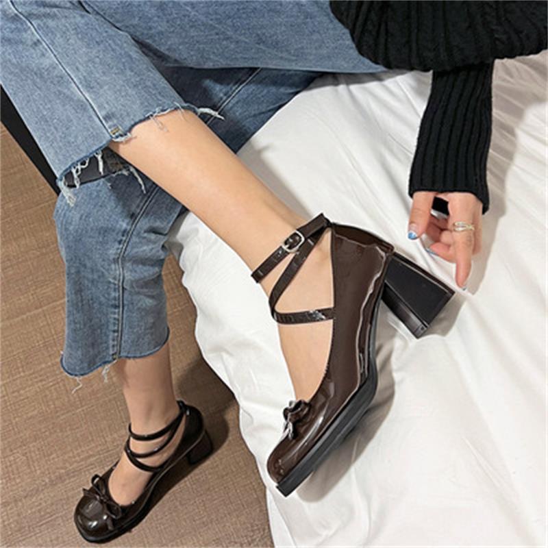 

Mary Jane shoes women s new bow straps square head small leather shoes light mouth thick heel single shoes 41 шоколадный