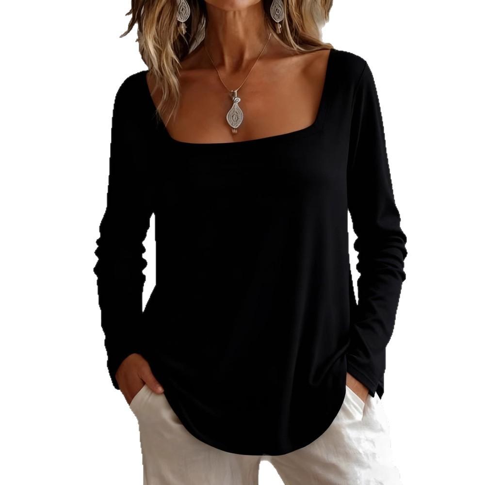 2025 New Women's Casual Square Neck Long Sleeve Pullover Loose Solid Color Multicolor Women's T-Shirt