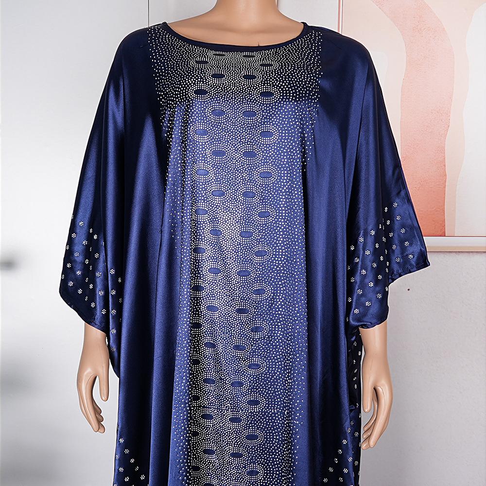 Plus Size Adjustable Belt Dresses Women's Drill Silk Satin Bat Sleeve Long Dress