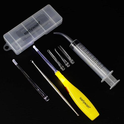 Melleco LED Lighted Tonsil Stone Removal Tool, Yellow, 3 Tips, Box + 1 Stainless Steel Tonsil Stone Picker + 1 Irrigation Syringe