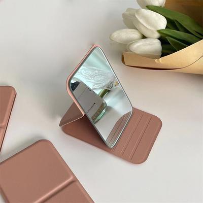 Desktop Makeup Mirror Solid Color Pu Leather Simple Portable Handheld Makeup Mirror Foldable Student Compact Cute Pocket Mirror