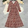 Womens Long Bohemian V-Neck Floral Print A-Line Dress Casual Beach