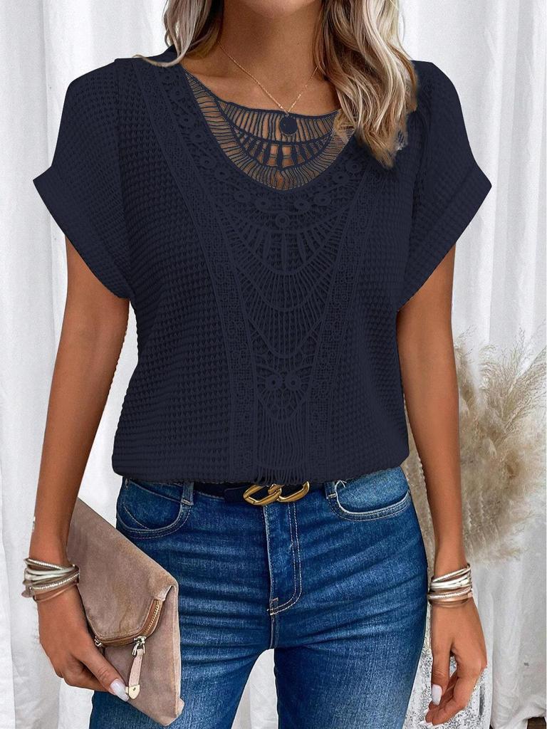 2025 Spring/Summer Lace Spliced Short Sleeve T-shirt, Women's Cross-border Fashion