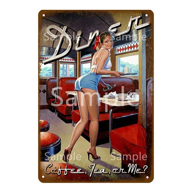 Plakat na ścianę garażu Samochód Pin Up Girl Retro Vintage Dekoracja Metalowy Blaszany Znak Do Jaskini Mężczyzny Sklepu Klubu Baru Dekoracja Ścienna YL078