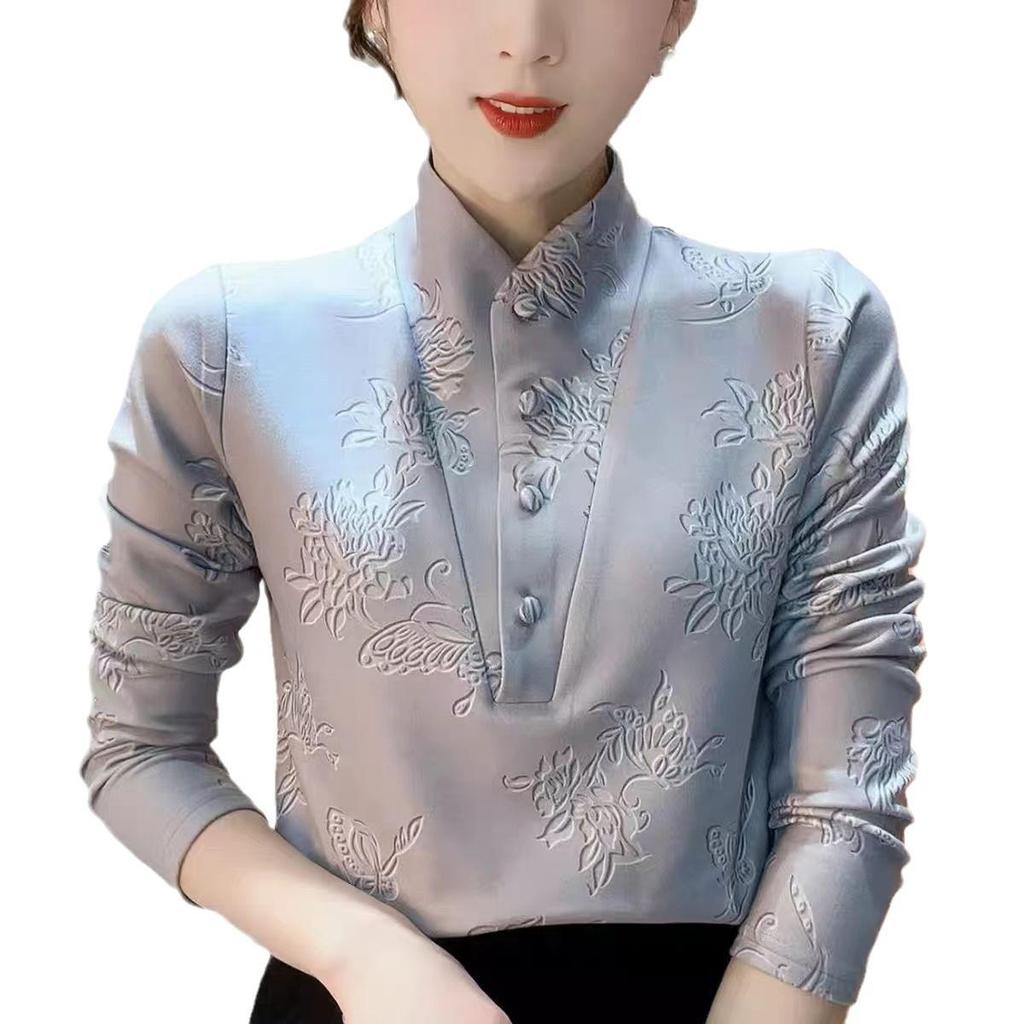 2024 Korean Style Stand-up Collar Fleece Slimming Blouse for Winter Moms