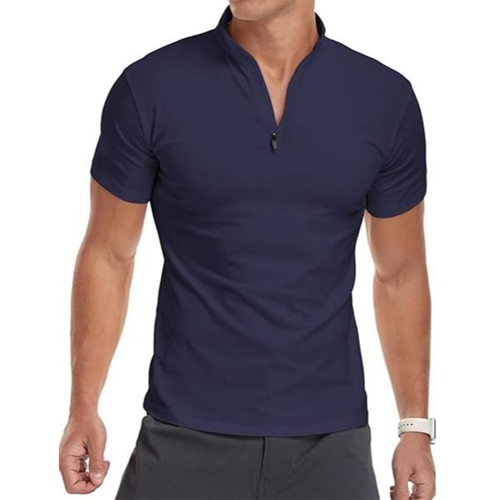 Men's Short-sleeved Shirt With Stand-up Collar And Zipper, Slim-fit Basic , Made Of Ice Silk