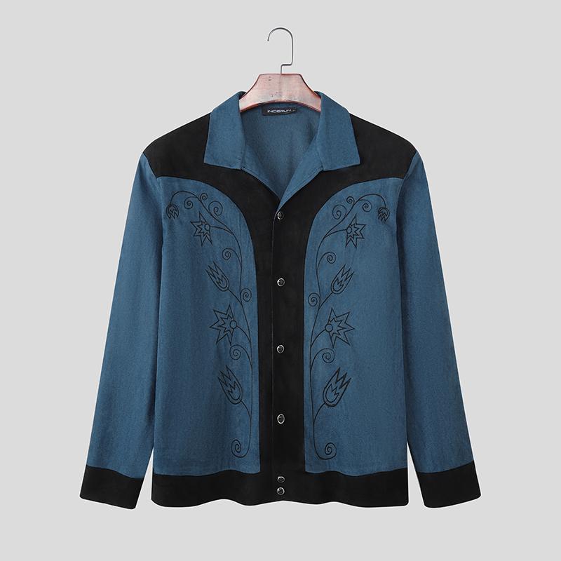 INCERUN Men Long Sleeve Embroidery Stitching Buttons Suede Casual Thin Coat Jackets
