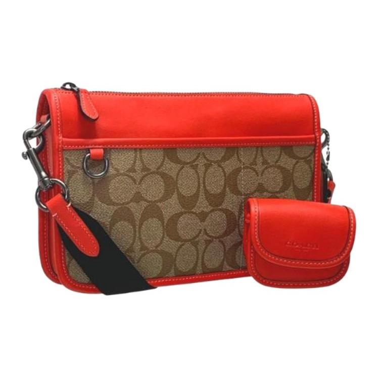 New COACH Heritage Cow Leather One Shoulder Handbag, Crossbody Bag Medium Size Men's Brown & Red C8141-QBUC3